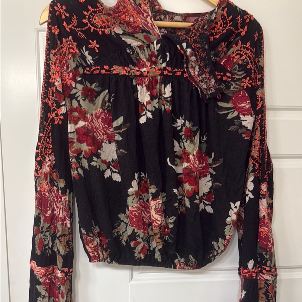 Free People Red Embellished Long Sleeve Blouse